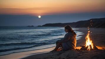 ai généré une serein côtier scène avec une feu sur le plage, illuminé par le clair de lune photo