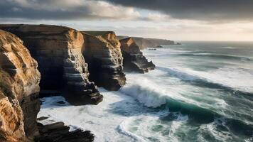 ai généré côtier falaise avec spectaculaire vagues s'écraser contre rochers photo