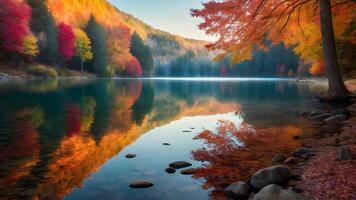 ai généré serein Lac reflétant vibrant l'automne couleurs photo