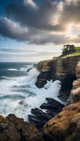 ai généré côtier falaise avec spectaculaire vagues s'écraser contre rochers photo