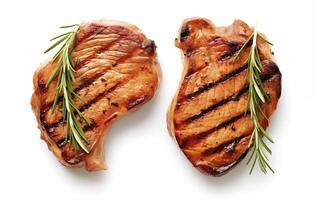 ai généré grillé porc ou du boeuf steaks avec Chili isolé sur blanc Contexte photo