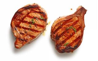 ai généré grillé porc ou du boeuf steaks avec Chili isolé sur blanc Contexte photo