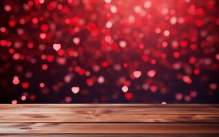 ai généré vide bois table la Saint-Valentin journée rouge Contexte avec cœurs photo