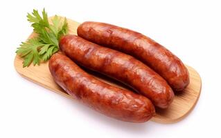 ai généré savoureux la bonté saucisses isolé sur blanc Contexte photo