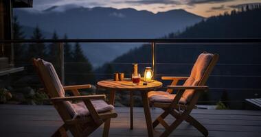 ai généré un attrayant terrasse salon avec tableau, chaise, et lampe, niché dans le montagnes à crépuscule photo