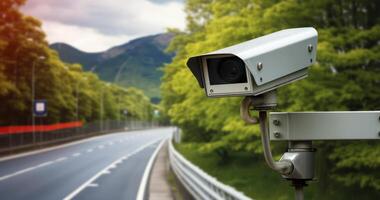 ai généré le stratégique placement de une radar caméra pour route sécurité mise en vigueur photo