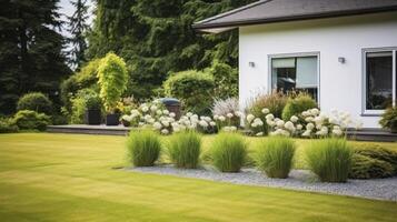 ai généré une serein jardin espace avec florissant vert herbe et quatuor de des buissons par une maison photo