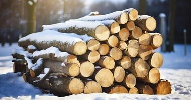 ai généré une couvert de neige, ordonné empiler de sec bois, prêt dans le croustillant hiver en plein air photo