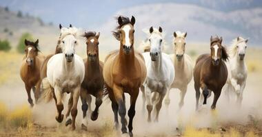 ai généré nombreuses les chevaux fonctionnement ensemble dans le montagnes, tout dans une troupeau fonctionnement à certains inconnue destination photo