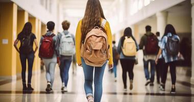 ai généré une vue de non identifiable adolescent élèves bousculade dans une haute école couloir photo