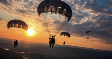 ai généré militaire parachutistes démontrant habile atterrissages avec leur parachutes photo