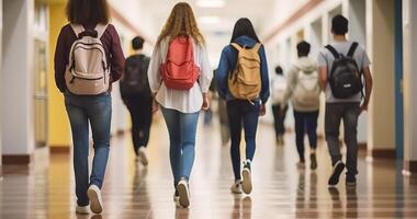 ai généré le anonyme couler de adolescent élèves par une haute école salle photo