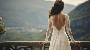 ai généré une radiant brunette la mariée dans harmonie avec le serein Montagne paysage photo