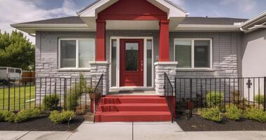 ai généré une panoramique vue de une maisons entrée avec une rouge porte, lancé toit, et pilier porche photo