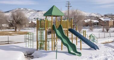 ai généré vert diapositives supporter en dehors dans une couvert de neige quartier parc en dessous de une nuageux ciel photo