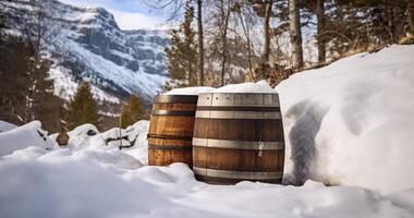 ai généré traditionnel fûts contre une neigeux Montagne paysage dans l'hiver. baril cylindrique récipient fabriqué de marron en bois portées lié par métal cerceaux photo