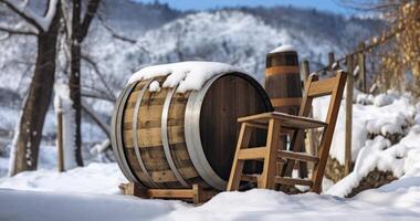 ai généré vieux baril fabriqué de en bois portées lié par métal cerceaux contre neigeux paysage photo