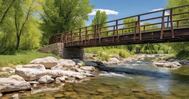 ai généré une pittoresque pont couvrant une luisant rivière avec rocheux banques, offre panoramique vues de verdure et le vaste bleu ciel photo