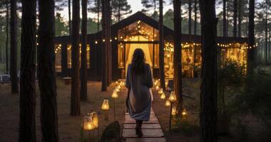 ai généré une femme explore le pin forêt près un enchanteur, illuminé salon par une cabine à crépuscule photo