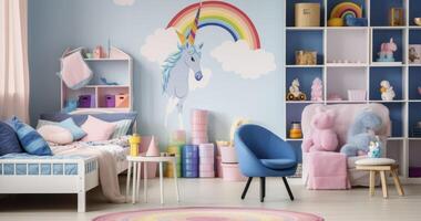 ai généré une vibrant des gamins chambre orné avec Licorne et crème glacée affiches, confortable literie, et espiègle décor photo