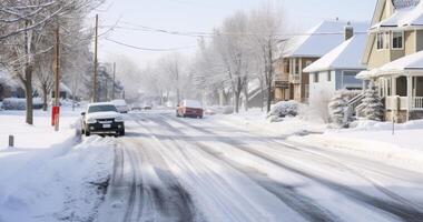 ai généré le silencieux beauté de une quartier dans hiver, avec enveloppé de neige Véhicules photo