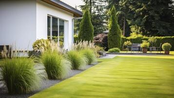 ai généré une paisible Accueil jardin orné avec luxuriant herbe et une quatuor de des buissons photo