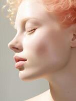 ai généré portrait de magnifique Jeune albinos femme. Naturel beauté fermer de une Haut modèle. La publicité de produits de beauté, parfums photo