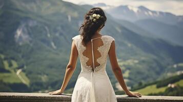 ai généré de mariée félicité dans le montagnes. une magnifique brunette au milieu de la nature grandeur photo