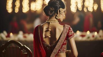 ai généré Indien mariage. Matin les préparatifs. adorable hindou la mariée dans traditionnel rouge lehenga photo