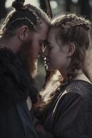 ai généré viking couple embrasse passionnément contre une médiéval toile de fond, création une captivant scène pour une romance des romans enchanteur livre couverture photo
