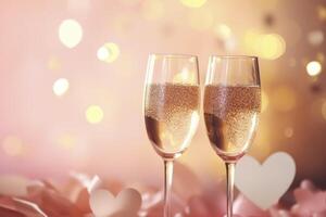 ai généré deux Champagne flûtes avec cœurs sur une rose Contexte photo