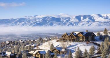 ai généré un aérien la perspective de neigeux Montagne maisons avec Stupéfiant vallée vues. le scénique paysage est couvert avec neige sur une neigeux hiver journée photo