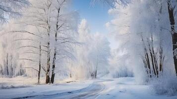 ai généré l'hiver dentelle - le étourdissant beauté de congelé des arbres orner le forêt paysage photo