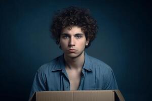 ai généré frisé aux cheveux déçu modèle homme avec papier carton. produire ai photo