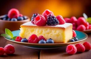 ai généré une gâteau, un tarte, une pièce de gâteau avec framboises et myrtilles photo