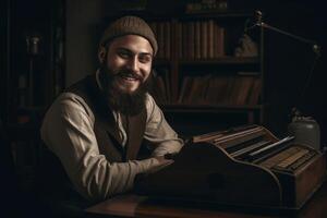 ai généré de bonne humeur barbu Masculin écrivain à ancien dactylographie machine. produire ai photo