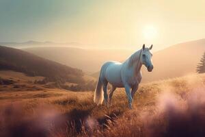 ai généré magnifique mystique cheval sur lever du soleil champ voir. produire ai photo