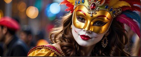 ai généré magnifique femelle portant vénitien carnaval masque et costume photo