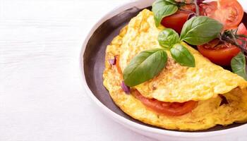 ai généré omelette avec tomate et basilic sur blanc Contexte photo