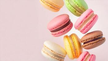 ai généré coloré macarons sur une rose Contexte photo