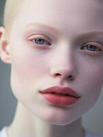 ai généré magnifique Jeune albinos femme avec bleu yeux. Naturel beauté fermer de une Haut modèle. La publicité de produits de beauté, parfums photo