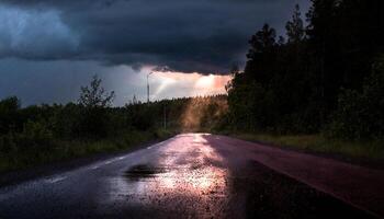 ai généré une foncé route avec pluie et orage des nuages photo