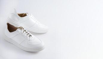 blanc baskets isolé sur blanc Contexte. confortable, faible débattement des sports chaussures. unisexe décontractée style. une paire de classique baskets. toutes saisons cuir chaussure s'orienter. baskets avec blanc lacets photo