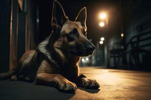 ai généré chien séance sur trottoir la nuit. produire ai photo