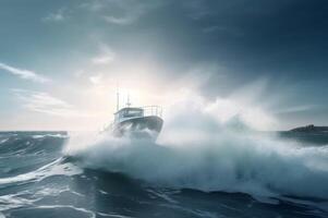 ai généré bateau flottant sur gros océan vagues. produire ai photo