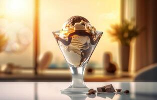 ai généré délicieux la glace crème Chocolat verre. produire ai photo