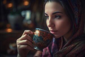 ai généré turc femme en buvant noir thé. produire ai photo