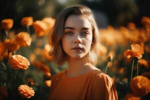 ai généré Jeune femme portrait dans Orange fleur fleurs. produire ai photo
