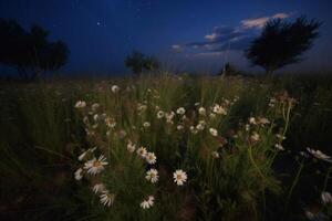 ai généré fleurs sauvages camomille champ avec soir foncé ciel. produire ai photo