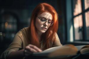 ai généré rouge aux cheveux femelle avec des lunettes en train de lire livre. produire ai photo